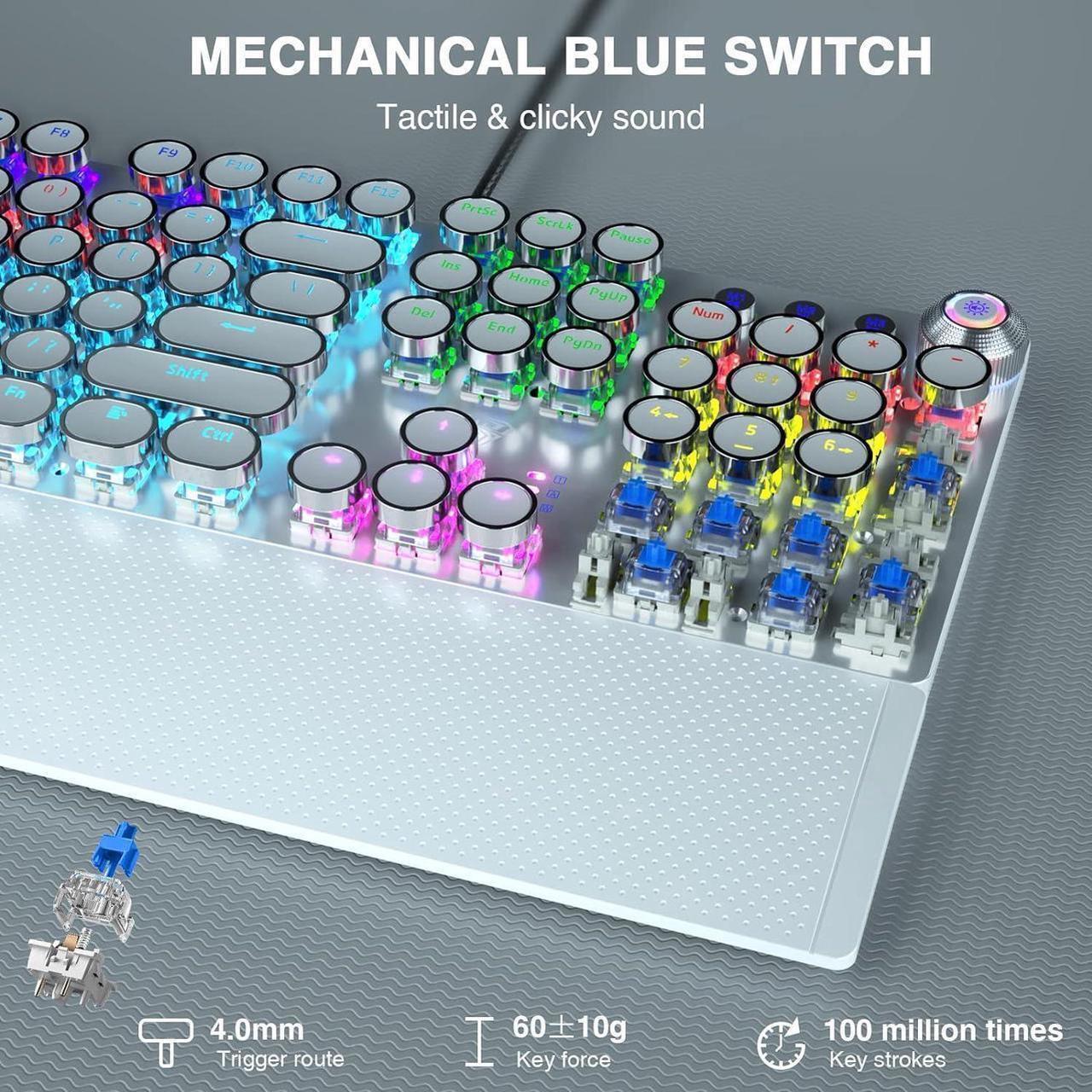 Alt view image 2 of 7 - AULA F2088 Typewriter Style Mechanical Gaming Keyboard,Rainbow LED Backlit,Removable Wrist Rest,Media Control Knob,Retro Punk Round Keycaps,USB Wired Computer Keyboard,White