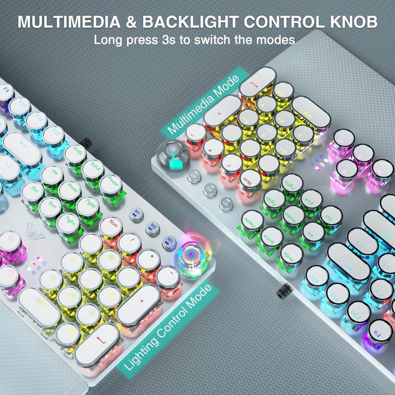 Alt view image 4 of 7 - AULA F2088 Typewriter Style Mechanical Gaming Keyboard,Rainbow LED Backlit,Removable Wrist Rest,Media Control Knob,Retro Punk Round Keycaps,USB Wired Computer Keyboard,White