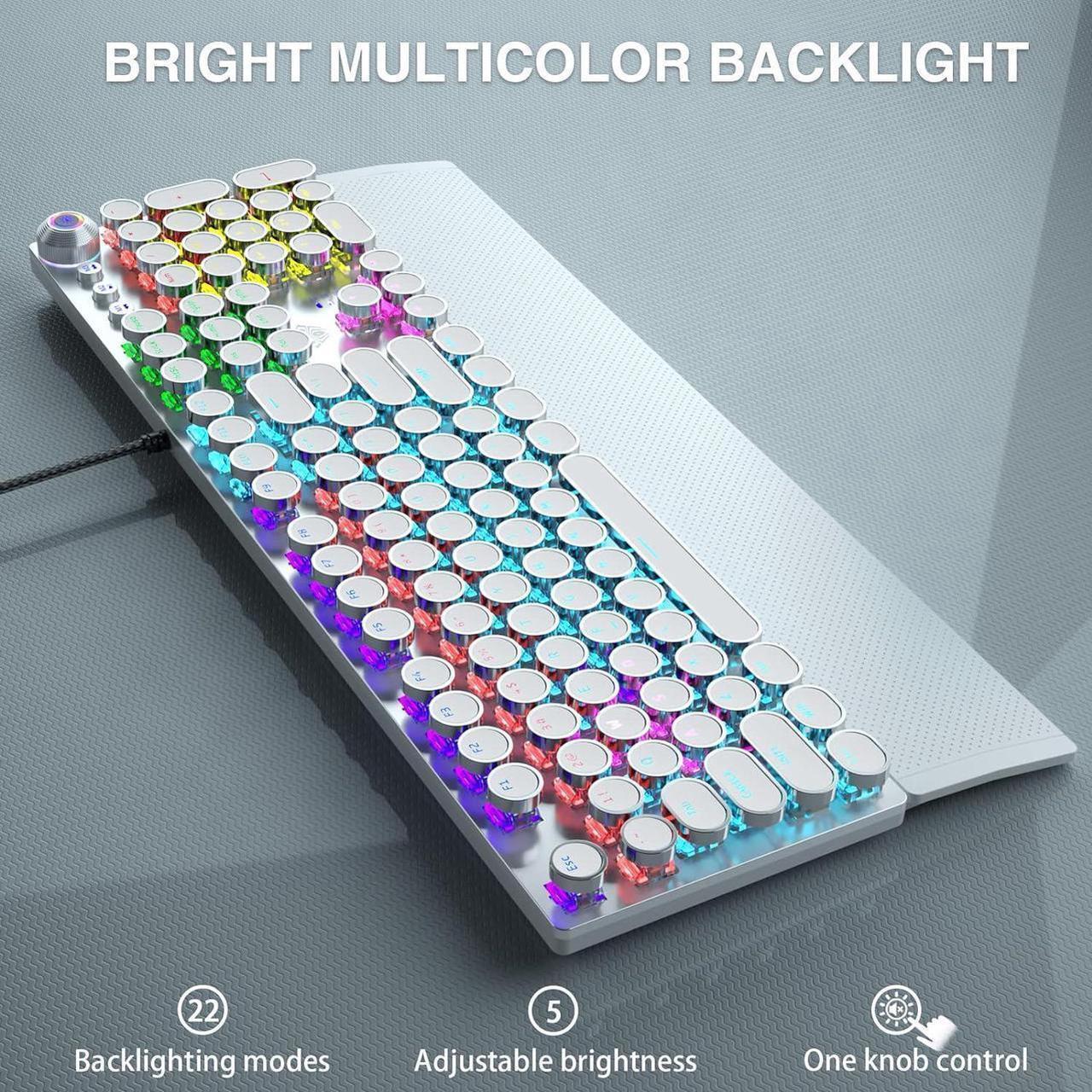Alt view image 3 of 7 - AULA F2088 Typewriter Style Mechanical Gaming Keyboard,Rainbow LED Backlit,Removable Wrist Rest,Media Control Knob,Retro Punk Round Keycaps,USB Wired Computer Keyboard,White