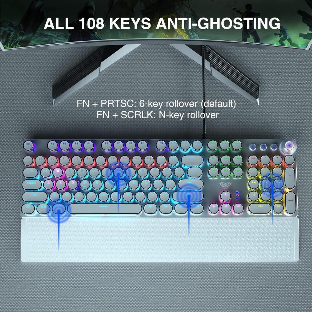 Alt view image 7 of 7 - AULA F2088 Typewriter Style Mechanical Gaming Keyboard,Rainbow LED Backlit,Removable Wrist Rest,Media Control Knob,Retro Punk Round Keycaps,USB Wired Computer Keyboard,White