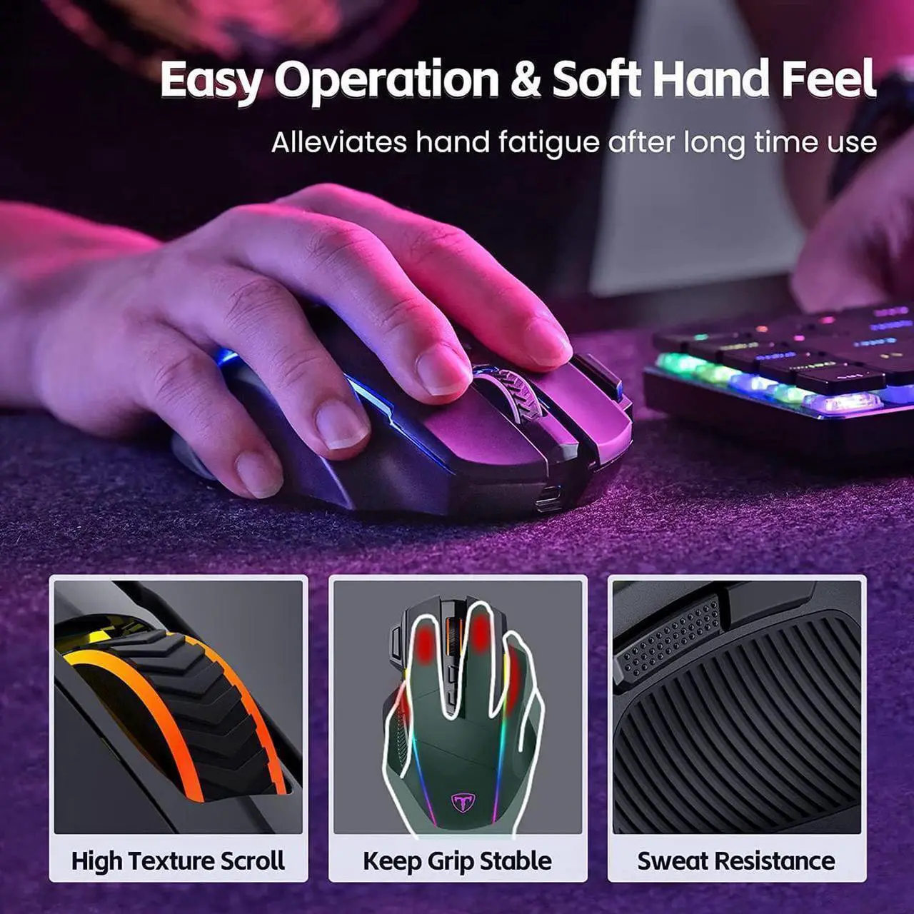 Alt view image 2 of 7 - RisoPhy Wireless Gaming Mouse,Tri-Mode 2.4G/USB-C/Bluetooth Mouse Up to 10000DPI,Chroma RGB Backlit,Ergonomic Mouse with 8 Programmable Buttons,Rechargeable Computer Mouse for Laptop,PC,Mac