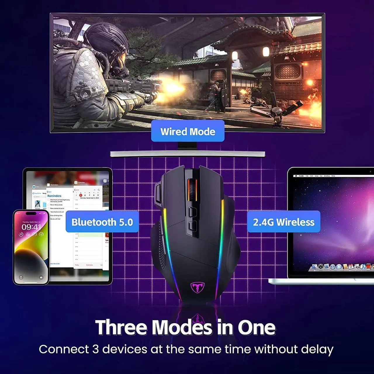 Alt view image 3 of 7 - RisoPhy Wireless Gaming Mouse,Tri-Mode 2.4G/USB-C/Bluetooth Mouse Up to 10000DPI,Chroma RGB Backlit,Ergonomic Mouse with 8 Programmable Buttons,Rechargeable Computer Mouse for Laptop,PC,Mac