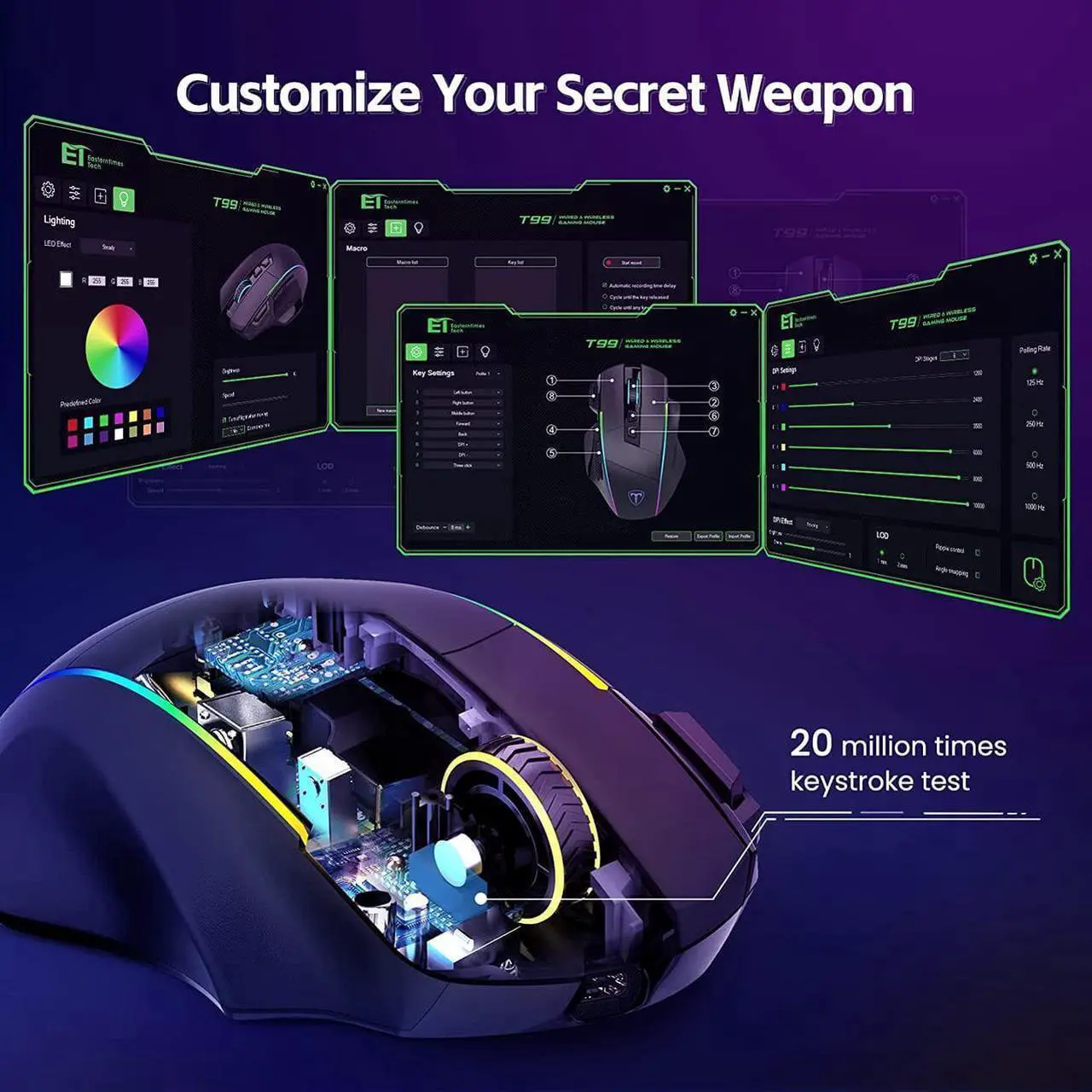 Alt view image 4 of 7 - RisoPhy Wireless Gaming Mouse,Tri-Mode 2.4G/USB-C/Bluetooth Mouse Up to 10000DPI,Chroma RGB Backlit,Ergonomic Mouse with 8 Programmable Buttons,Rechargeable Computer Mouse for Laptop,PC,Mac