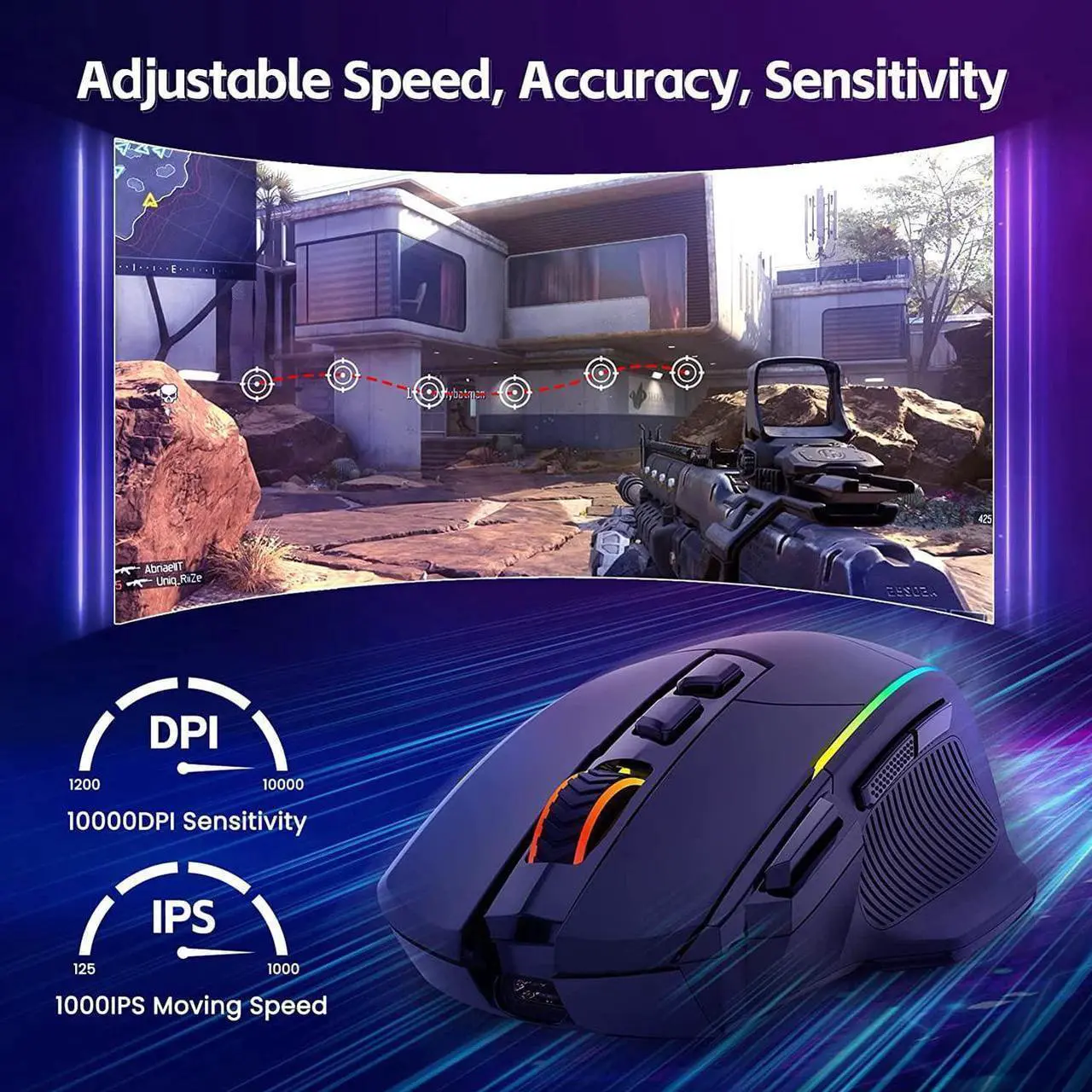 Alt view image 5 of 7 - RisoPhy Wireless Gaming Mouse,Tri-Mode 2.4G/USB-C/Bluetooth Mouse Up to 10000DPI,Chroma RGB Backlit,Ergonomic Mouse with 8 Programmable Buttons,Rechargeable Computer Mouse for Laptop,PC,Mac