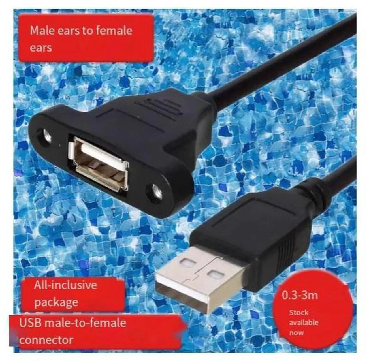 Alt view image 4 of 4 - USB 2.0 male-to-female extension cable with head cover and ears USB male-to-female extension cable with full head cover and screw holes