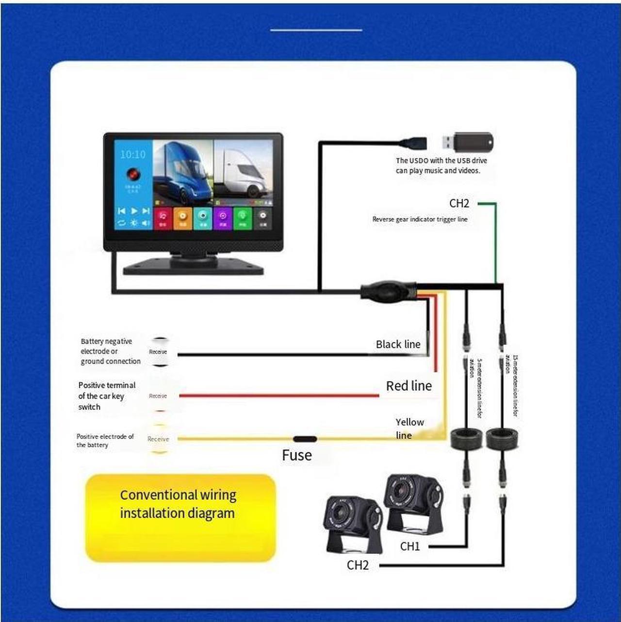 Alt view image 4 of 4 - 7-inch multimedia two-channel monitoring all-in-one machine, reversing camera, 12V / 24V front and rear dual recording, truck high-definition recorder, 7-inch touch two-channel recorder +AHD night vis