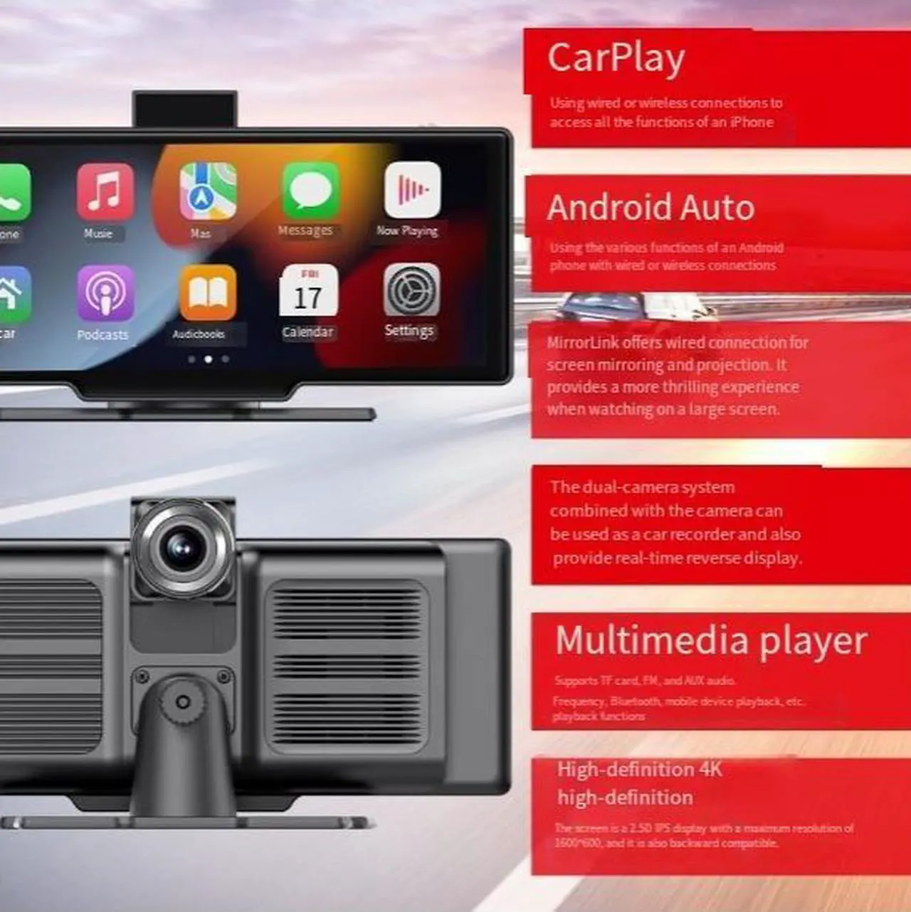 Alt view image 3 of 4 - 10.26-inch wireless carplay dashcam multimedia car dual recording 4k high-definition car navigation system with driving record +64G card