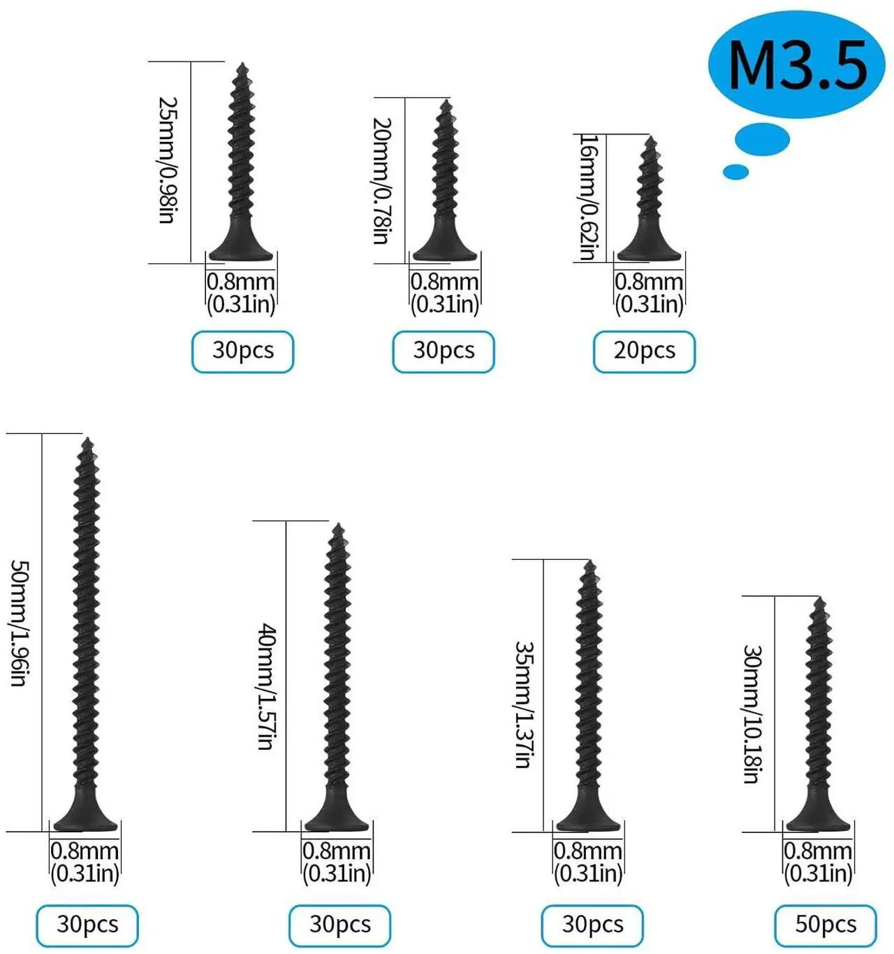 Alt view image 2 of 4 - 220-piece black wood screw combination set, flat head self-tapping screw and black carbon steel screw M3.5 cross-border combination