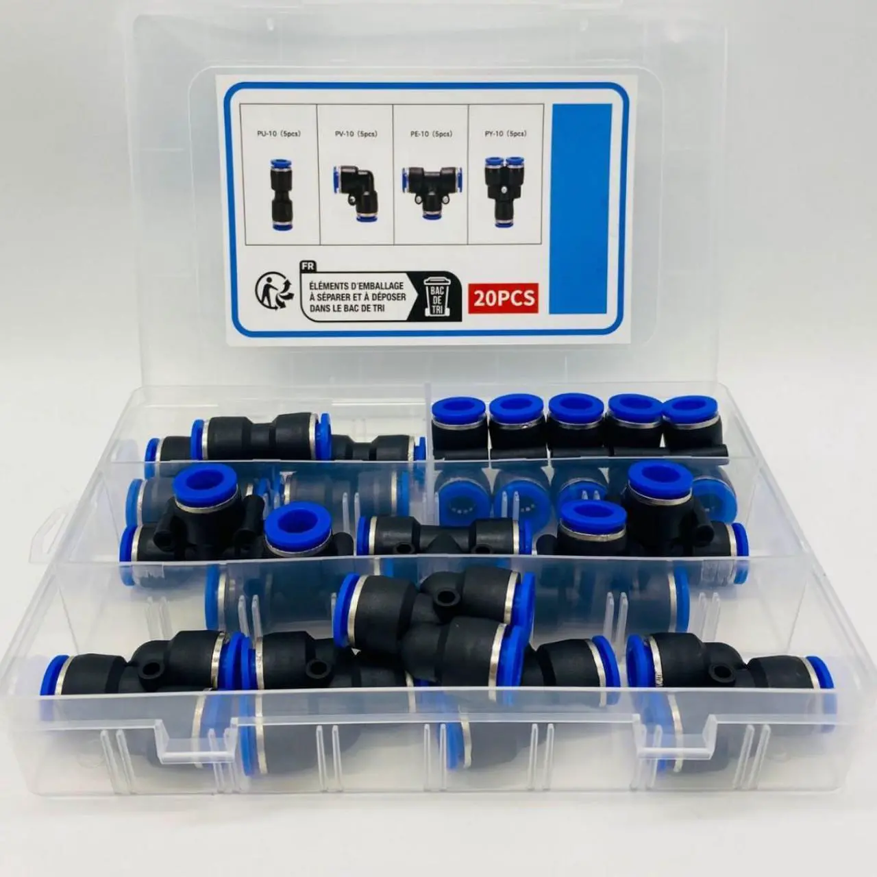 Main image of A total of 20 pieces of 10mm quick pneumatic joint accessories, including 5 distributors, 5 elbows, 5 straight heads, and 5 tees, are cross-border combined in a box