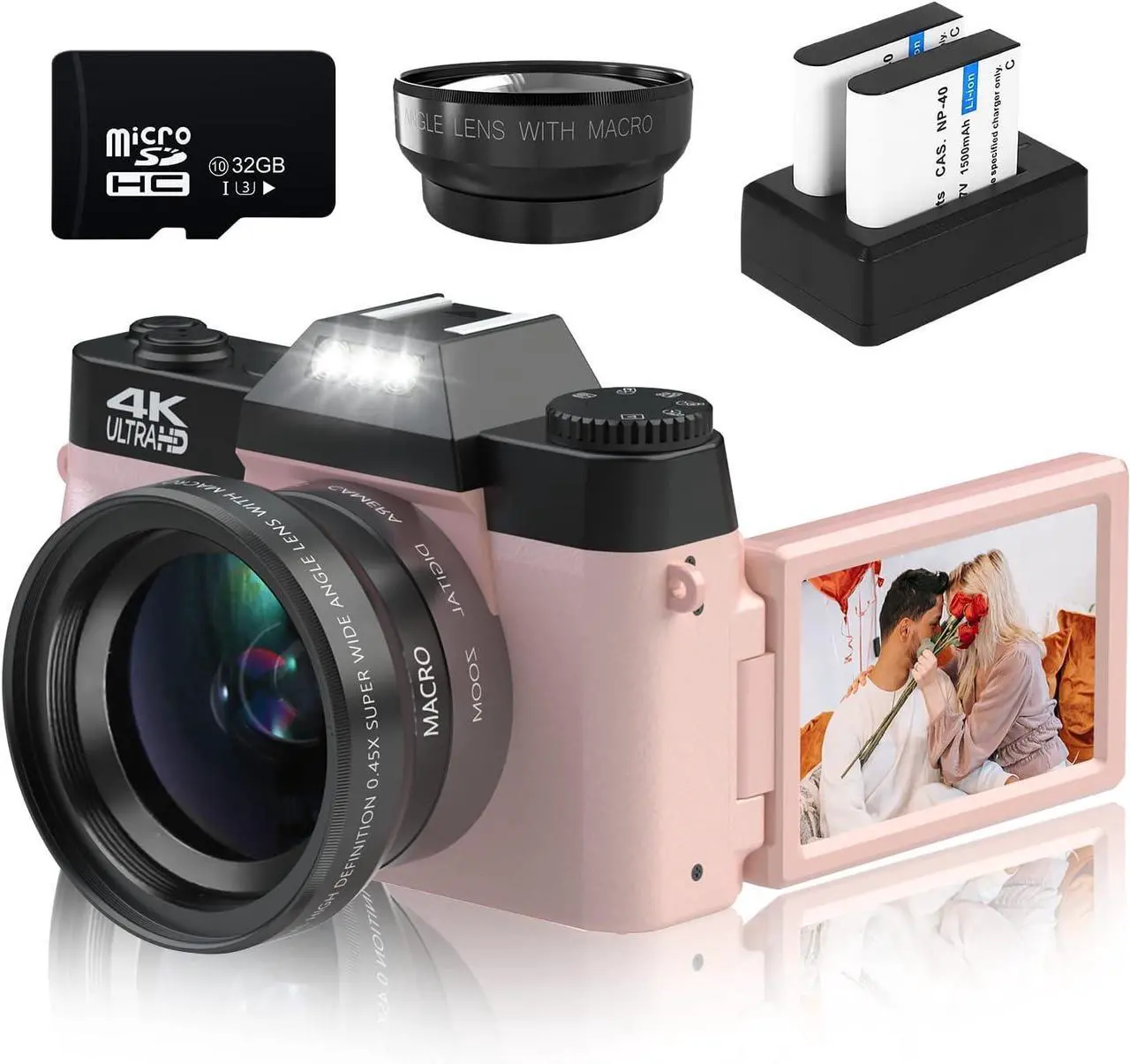Main image of VETEK Digital Cameras for Photography, 4K 48MP Vlogging Camera 16X Digital Zoom Manual Focus Students Compact Camera with 52mm Wide-Angle Lens & Macro Lens, 32G Micro Card and 2 Batteries (Pink)