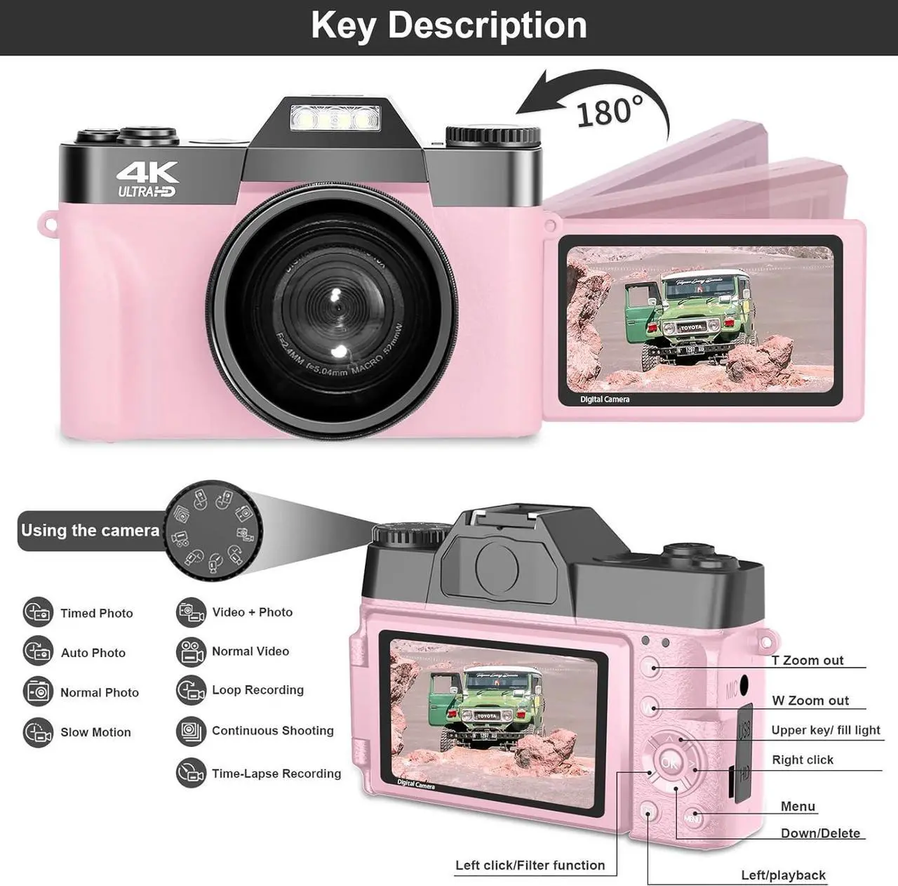 Alt view image 4 of 7 - VETEK Digital Cameras for Photography, 4K 48MP Vlogging Camera 16X Digital Zoom Manual Focus Students Compact Camera with 52mm Wide-Angle Lens & Macro Lens, 32G Micro Card and 2 Batteries (Pink)