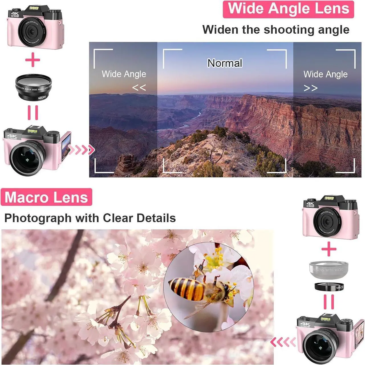 Alt view image 7 of 7 - VETEK Digital Cameras for Photography, 4K 48MP Vlogging Camera 16X Digital Zoom Manual Focus Students Compact Camera with 52mm Wide-Angle Lens & Macro Lens, 32G Micro Card and 2 Batteries (Pink)