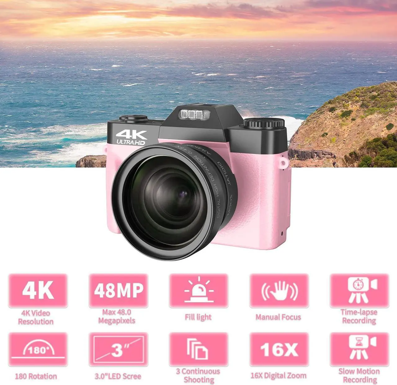 Alt view image 6 of 7 - VETEK Digital Cameras for Photography, 4K 48MP Vlogging Camera 16X Digital Zoom Manual Focus Students Compact Camera with 52mm Wide-Angle Lens & Macro Lens, 32G Micro Card and 2 Batteries (Pink)