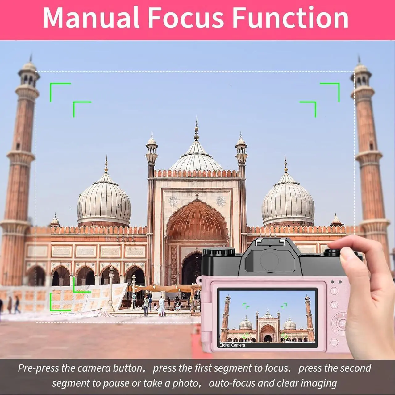 Alt view image 3 of 7 - VETEK Digital Cameras for Photography, 4K 48MP Vlogging Camera 16X Digital Zoom Manual Focus Students Compact Camera with 52mm Wide-Angle Lens & Macro Lens, 32G Micro Card and 2 Batteries (Pink)