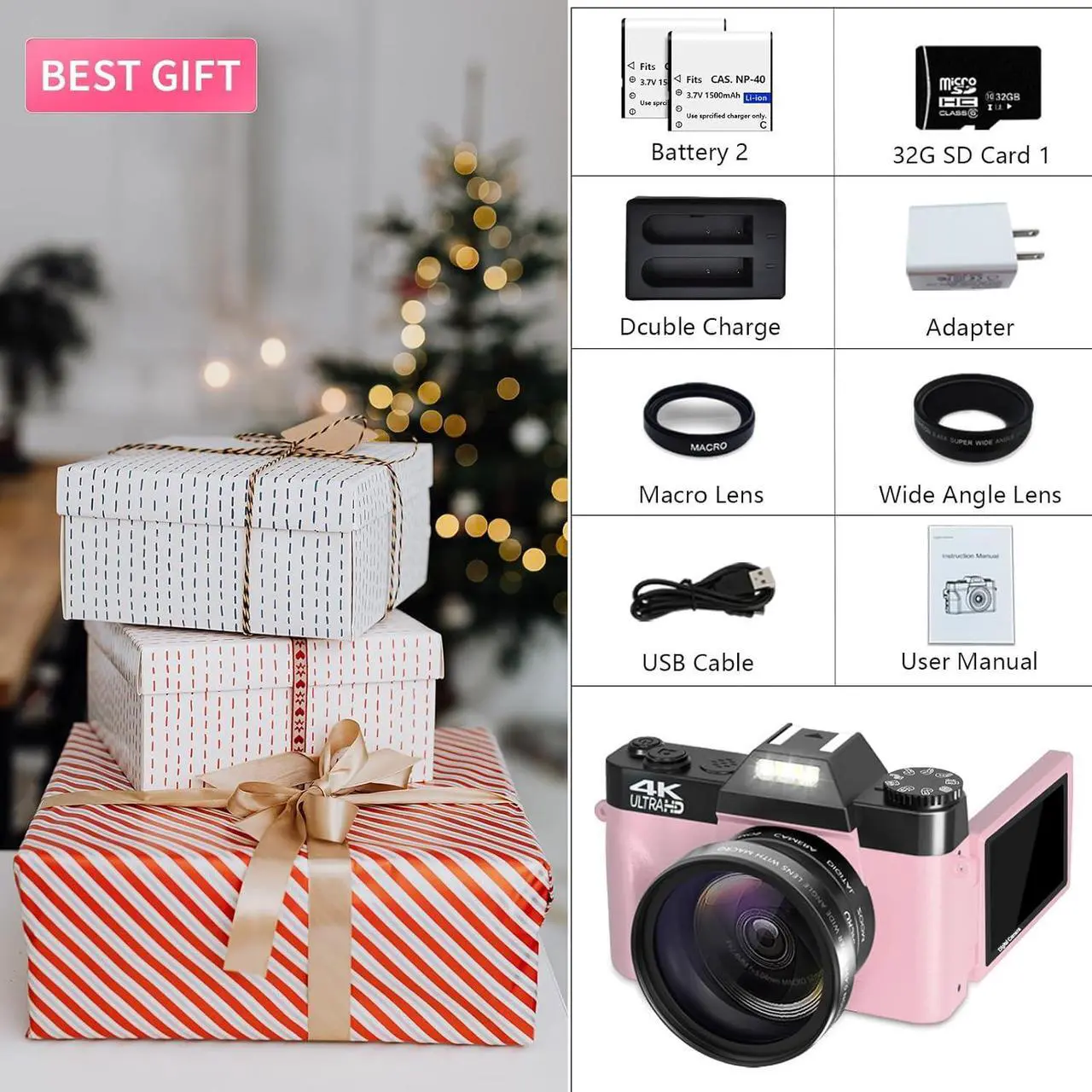 Alt view image 5 of 7 - VETEK Digital Cameras for Photography, 4K 48MP Vlogging Camera 16X Digital Zoom Manual Focus Students Compact Camera with 52mm Wide-Angle Lens & Macro Lens, 32G Micro Card and 2 Batteries (Pink)