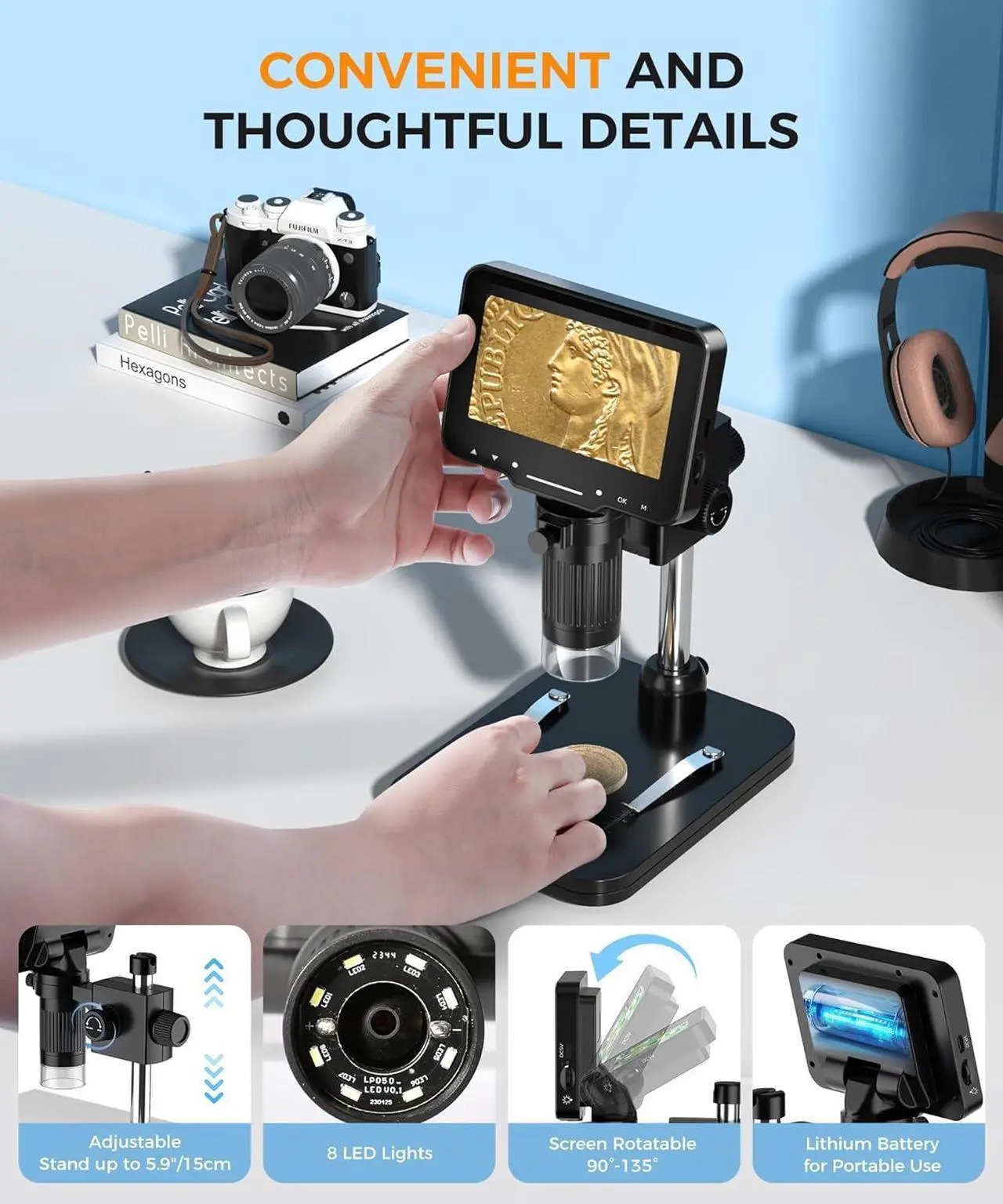 Alt view image 5 of 7 - LCD Digital Microscope,4.3 Inch 1080P 10 Megapixels,10MP Camera Video Recorder with HD Screen,1-1000X Magnification Zoom Wireless USB Stereo Microscope Camera