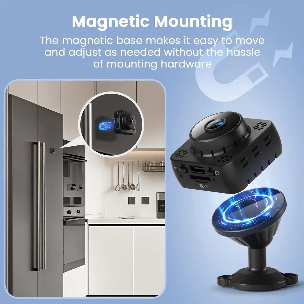Alt view image 3 of 7 - Mini Camera, 4K HD WiFi Nanny Cam - Surveillance WiFi Camera with 1-Year Cloud Storage, Motion Detection & Night Vision, No WiFi Needed Camera with Magnetic Mount for Pet/Baby/Nanny