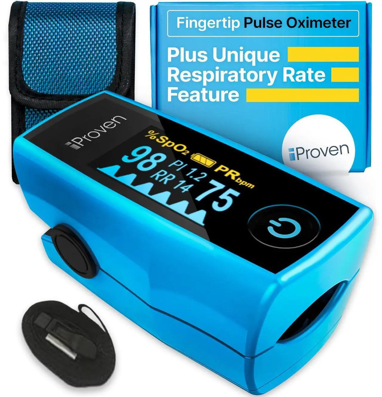 Main image of Blood Oxygen Monitor Fingertip, Oximeter Measures Pulse Rate, Respiratory Rate, Oxygen Saturation (SpO2), and Perfusion Index, including Batteries and a Lanyard.