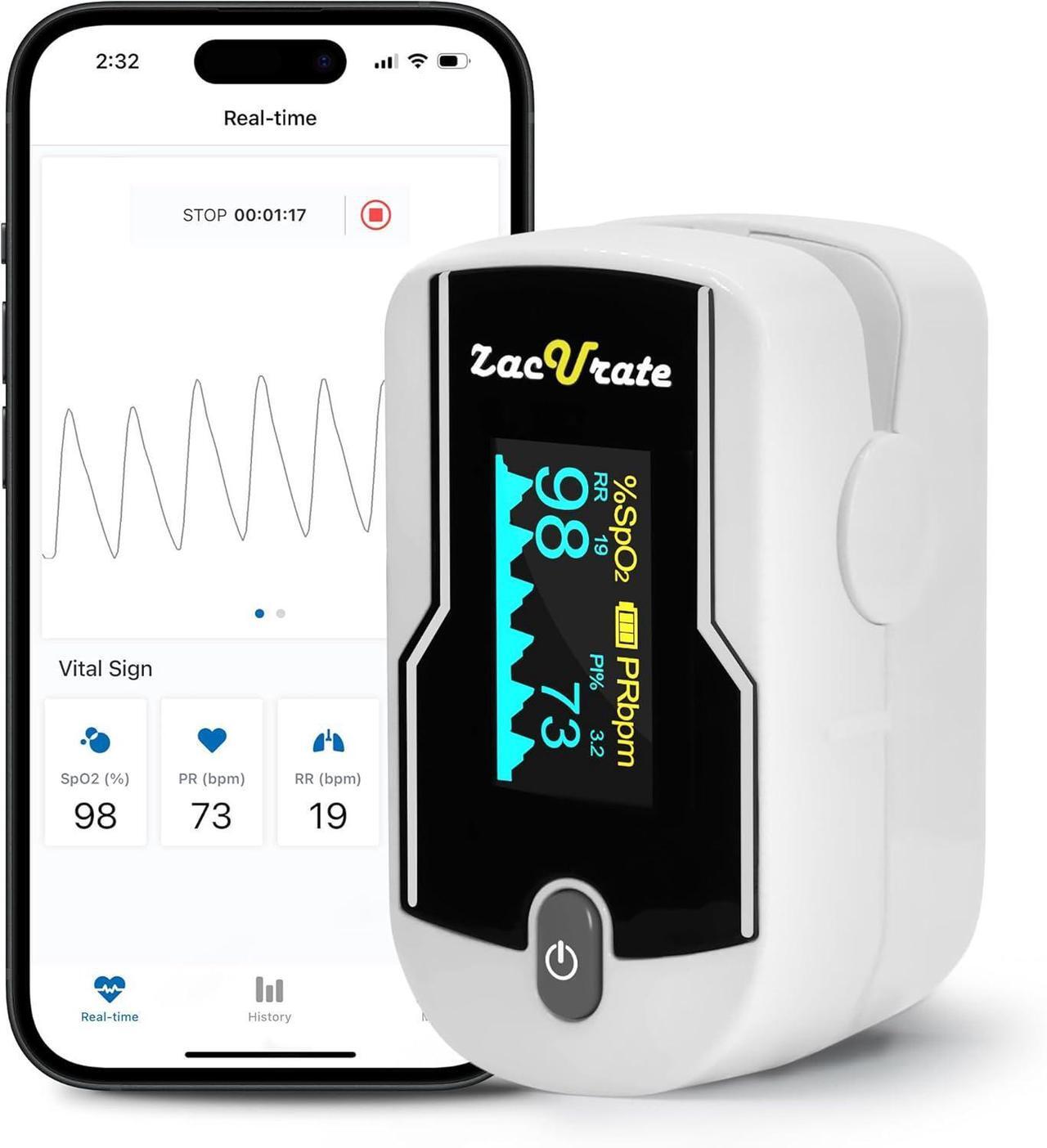 Main image of Wireless Bluetooth Fingertip Blood Pulse Oximeter Monitor with FREE App, SpO2, Heart Rate, Plethysmograph, and Perfusion Index Finger Oxygen Sensor Meter