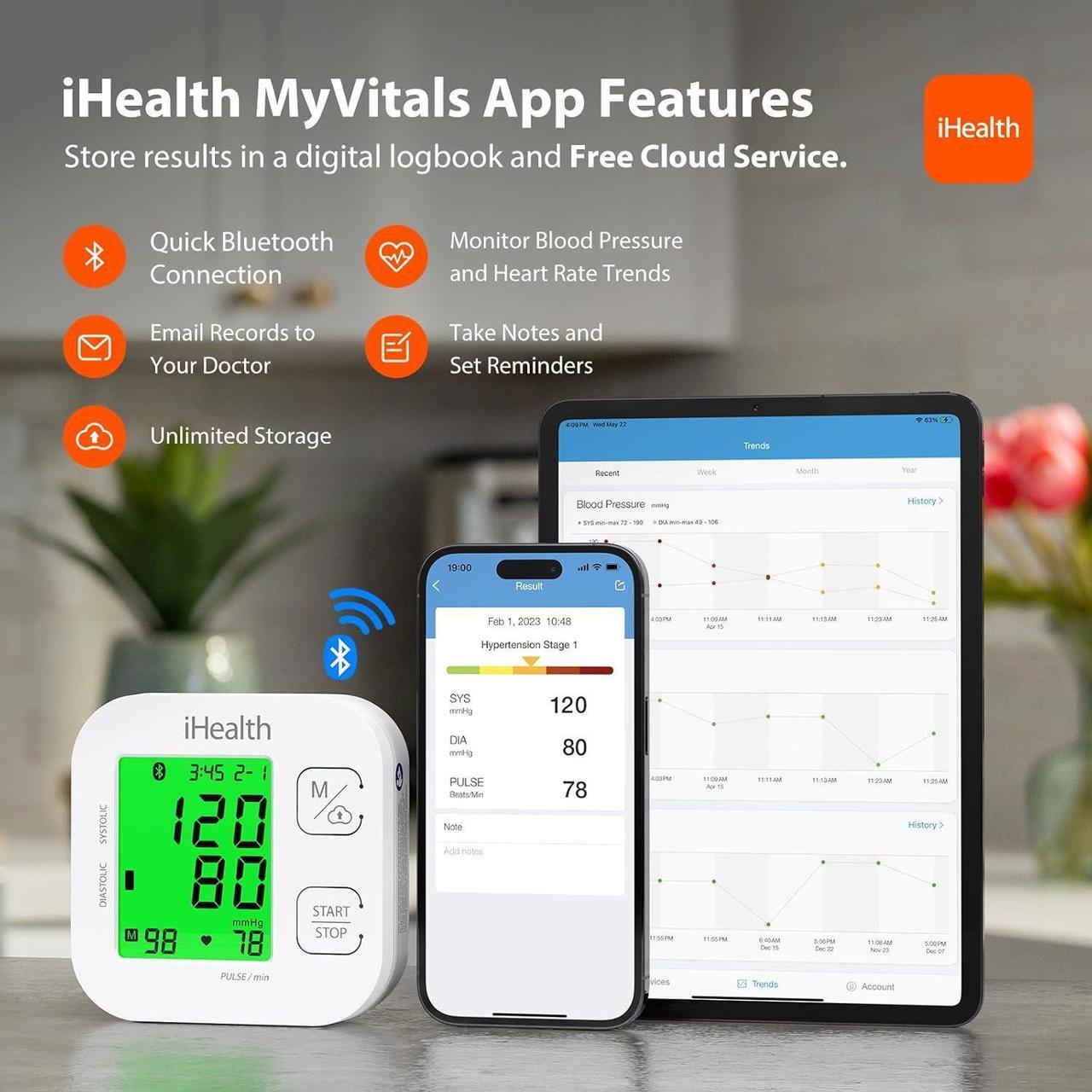 Alt view image 4 of 7 - Smart Upper Arm Blood Pressure Monitor with Wide Range Cuff That fits Standard to Large Adult Arms, Bluetooth Compatible for iOS & Android Devices