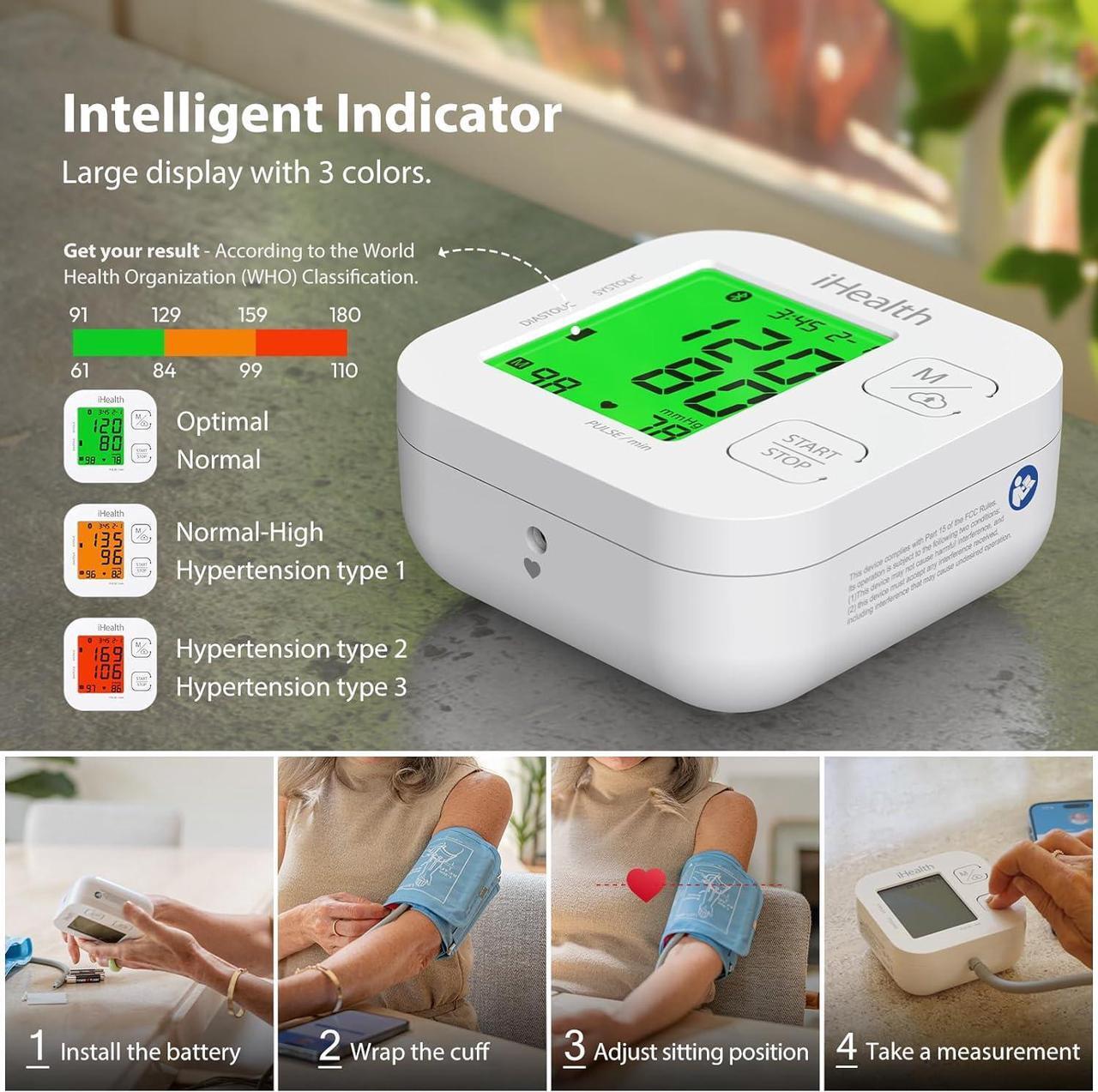 Alt view image 3 of 7 - Smart Upper Arm Blood Pressure Monitor with Wide Range Cuff That fits Standard to Large Adult Arms, Bluetooth Compatible for iOS & Android Devices