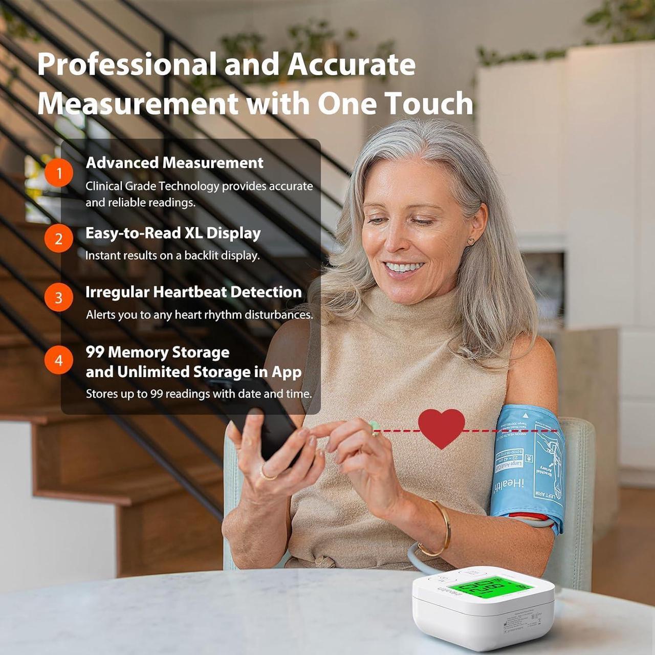 Alt view image 2 of 7 - Smart Upper Arm Blood Pressure Monitor with Wide Range Cuff That fits Standard to Large Adult Arms, Bluetooth Compatible for iOS & Android Devices