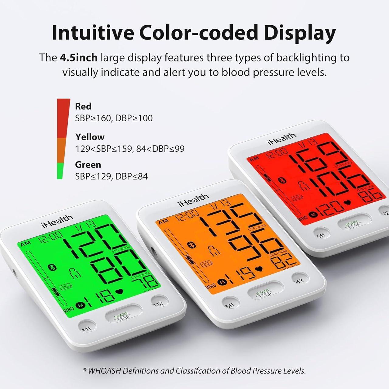 Alt view image 3 of 7 - Blood Pressure Monitor with Color-Coded LCD, Body Movement Detection, Wrap Indicator, Bluetooth Cloud Storage, Adjustable Large Adult Cuff, Dual User Functionality for Home Use