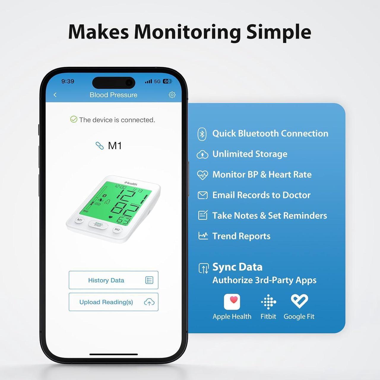 Alt view image 4 of 7 - Blood Pressure Monitor with Color-Coded LCD, Body Movement Detection, Wrap Indicator, Bluetooth Cloud Storage, Adjustable Large Adult Cuff, Dual User Functionality for Home Use
