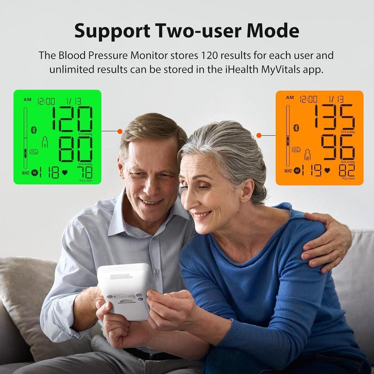 Alt view image 5 of 7 - Blood Pressure Monitor with Color-Coded LCD, Body Movement Detection, Wrap Indicator, Bluetooth Cloud Storage, Adjustable Large Adult Cuff, Dual User Functionality for Home Use