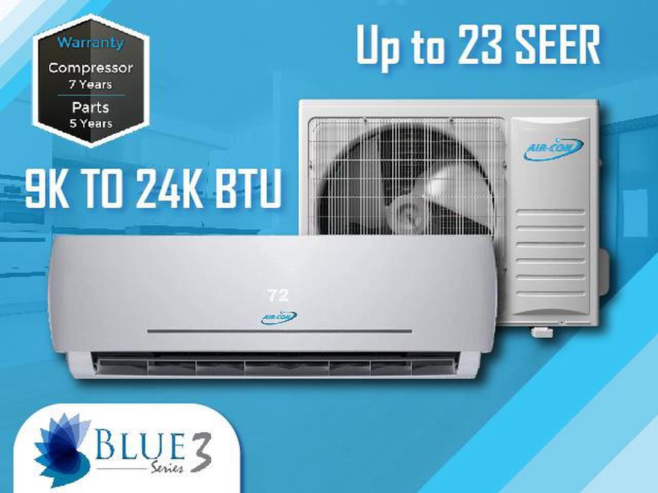 Air-Con Blue Series 3 12000 BTU Mini Split Air Conditioner Heat Pump Inverter 20 SEER 230V with 12 Ft Copper and Wire