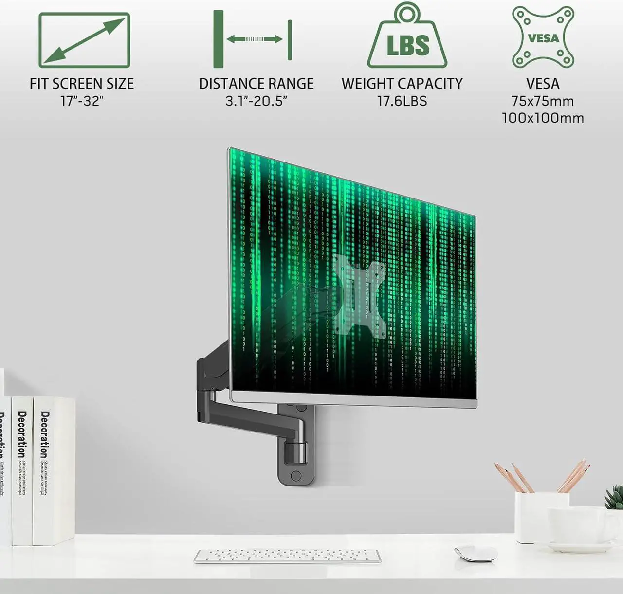 Alt view image 2 of 7 - Monitor Wall Mount, Computer Monitor Wall Mount for 17-32 inch Flat/Curved Screens, Gas Spring Single Wall Mount Monitor Arm Holds up to 17.6lbs, Tilt, VESA 75x75/100x100 mm