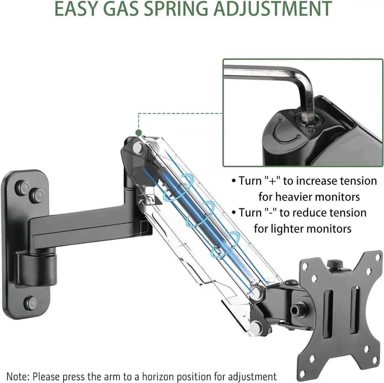 Alt view image 4 of 7 - Monitor Wall Mount, Computer Monitor Wall Mount for 17-32 inch Flat/Curved Screens, Gas Spring Single Wall Mount Monitor Arm Holds up to 17.6lbs, Tilt, VESA 75x75/100x100 mm