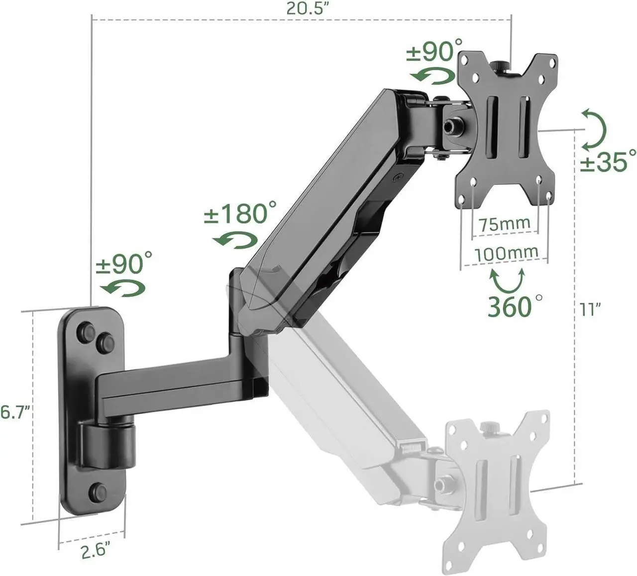 Alt view image 5 of 7 - Monitor Wall Mount, Computer Monitor Wall Mount for 17-32 inch Flat/Curved Screens, Gas Spring Single Wall Mount Monitor Arm Holds up to 17.6lbs, Tilt, VESA 75x75/100x100 mm