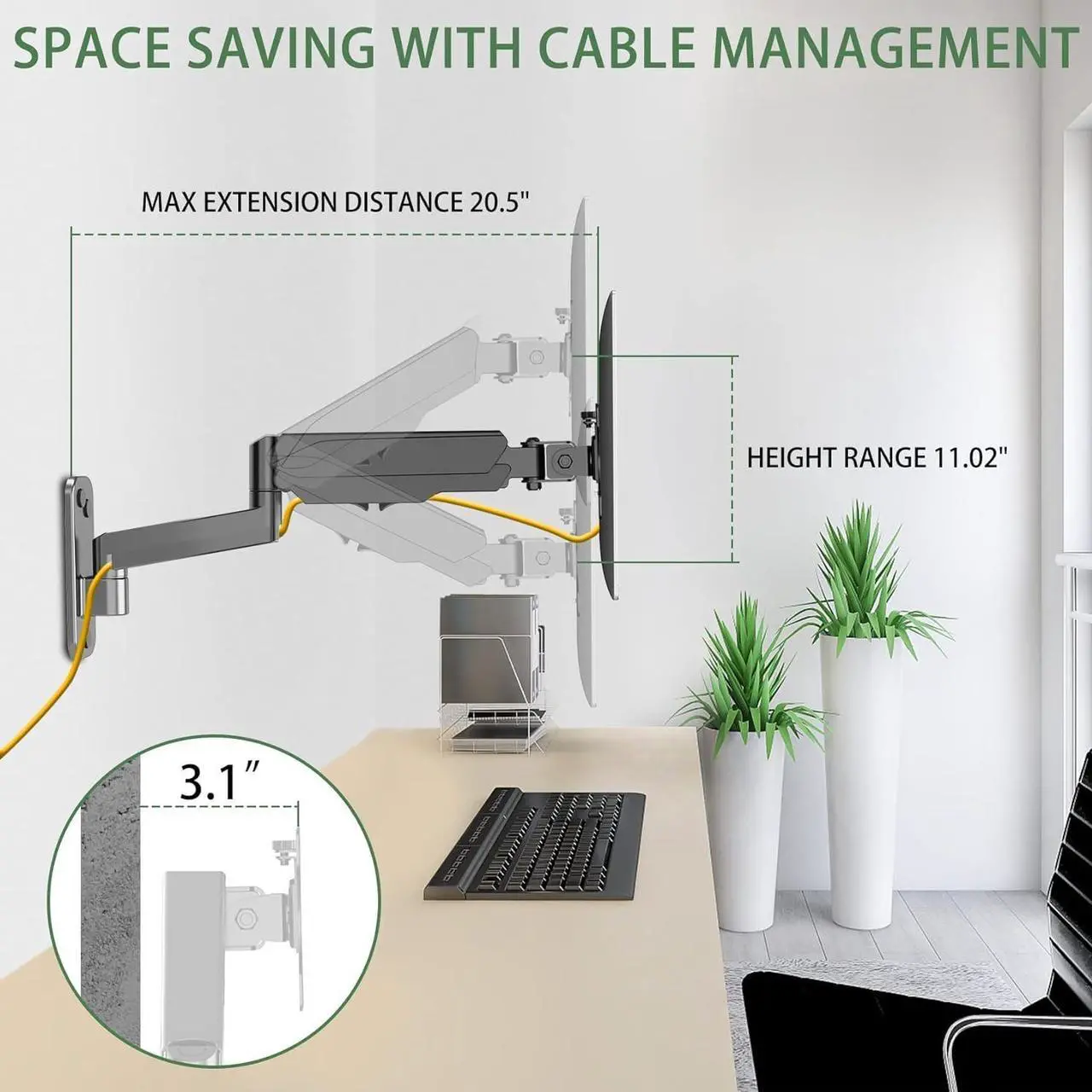 Alt view image 6 of 7 - Monitor Wall Mount, Computer Monitor Wall Mount for 17-32 inch Flat/Curved Screens, Gas Spring Single Wall Mount Monitor Arm Holds up to 17.6lbs, Tilt, VESA 75x75/100x100 mm