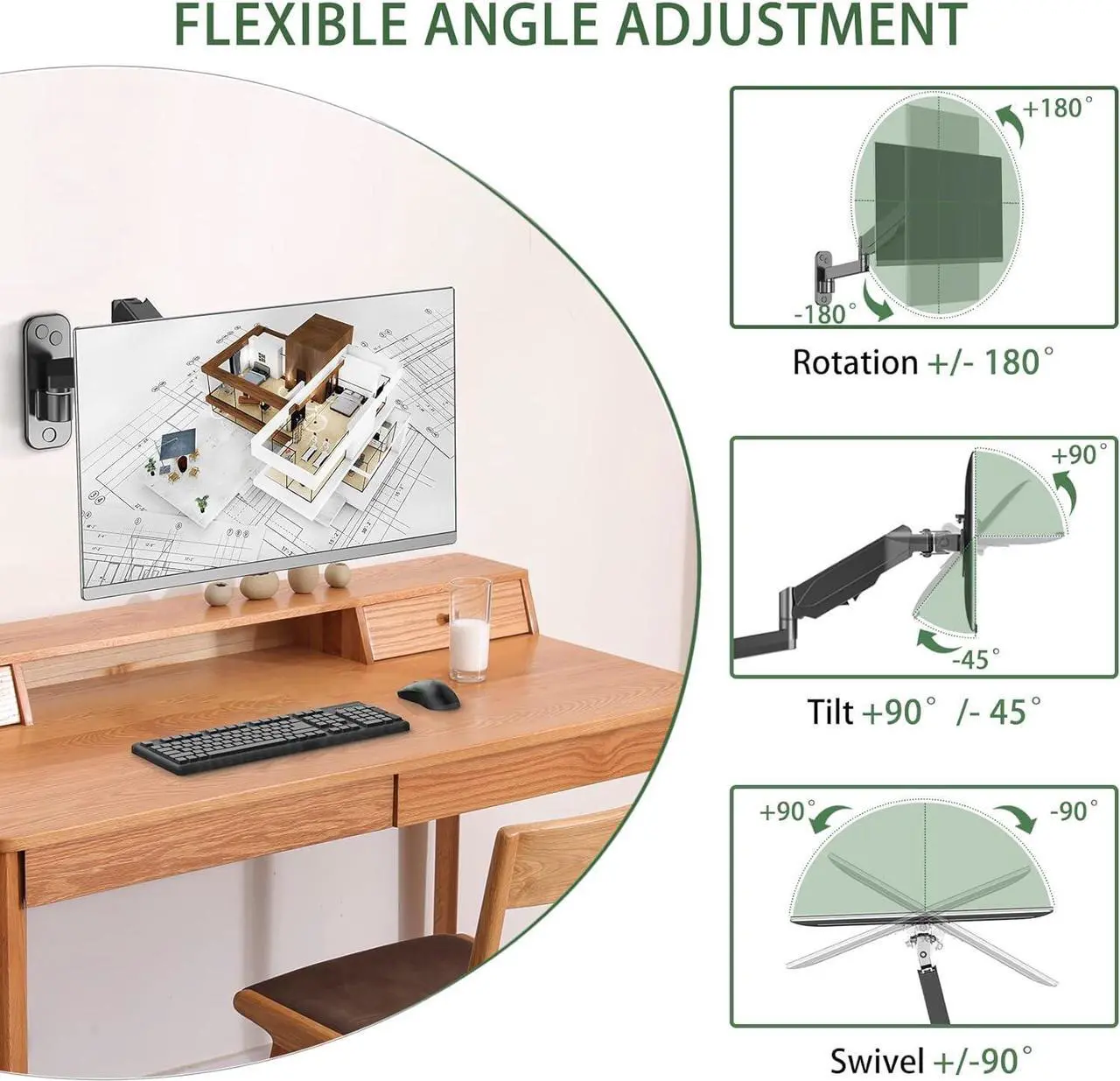 Alt view image 3 of 7 - Monitor Wall Mount, Computer Monitor Wall Mount for 17-32 inch Flat/Curved Screens, Gas Spring Single Wall Mount Monitor Arm Holds up to 17.6lbs, Tilt, VESA 75x75/100x100 mm