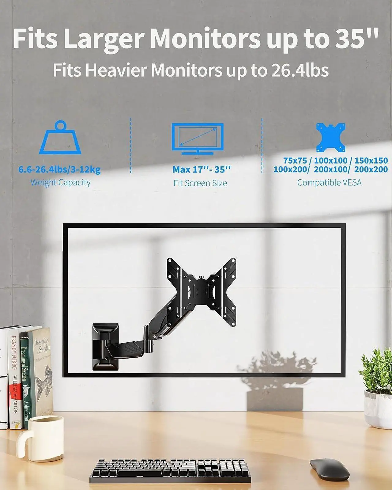 Alt view image 3 of 7 - MOUNTUP Single Monitor Wall Mount for 17-35 Inch Screen, Ultrawide Wall Monitor Arm Holds 6.6-26.4lbs, Full Motion Adjustable Gas Spring Stand with VESA Extension Bracket for Max 200mm VESA Computer