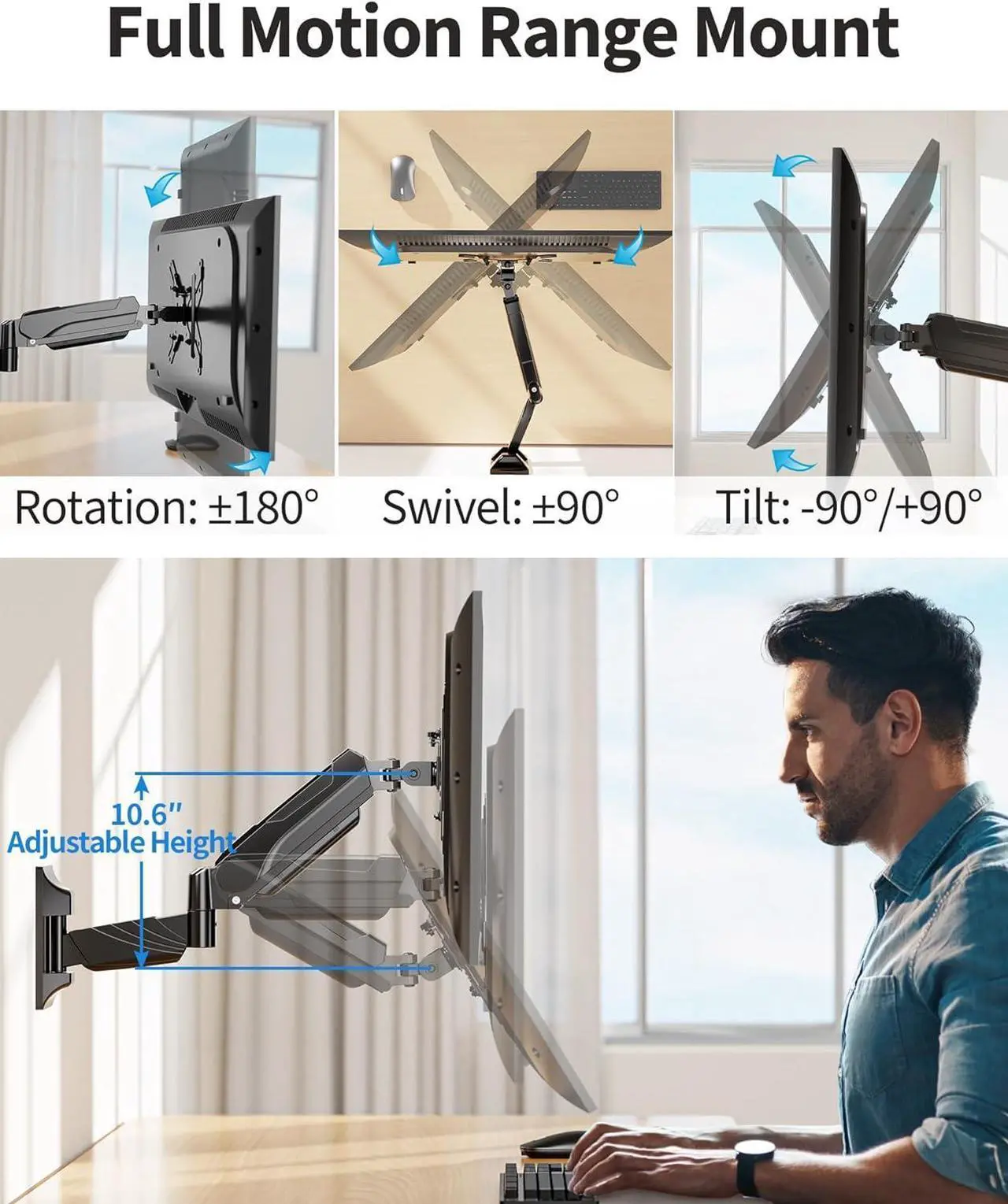 Alt view image 4 of 7 - MOUNTUP Single Monitor Wall Mount for 17-35 Inch Screen, Ultrawide Wall Monitor Arm Holds 6.6-26.4lbs, Full Motion Adjustable Gas Spring Stand with VESA Extension Bracket for Max 200mm VESA Computer