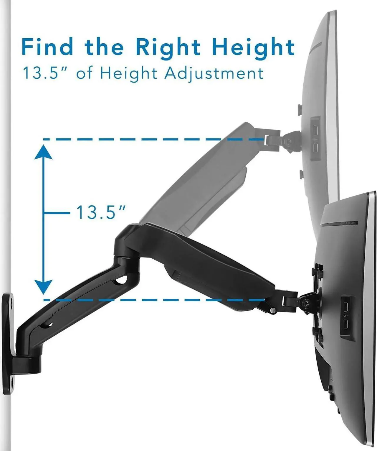 Alt view image 3 of 7 - Mount-It! Monitor Wall Mount Arm | VESA Wall Mount Monitor Arm | Full Motion Gas Spring Arm Fits 13 15 17 19 20 22 23 24 27 30 32 Inch Screens with 75 or 100 VESA Patterns | Camper RV Compatible