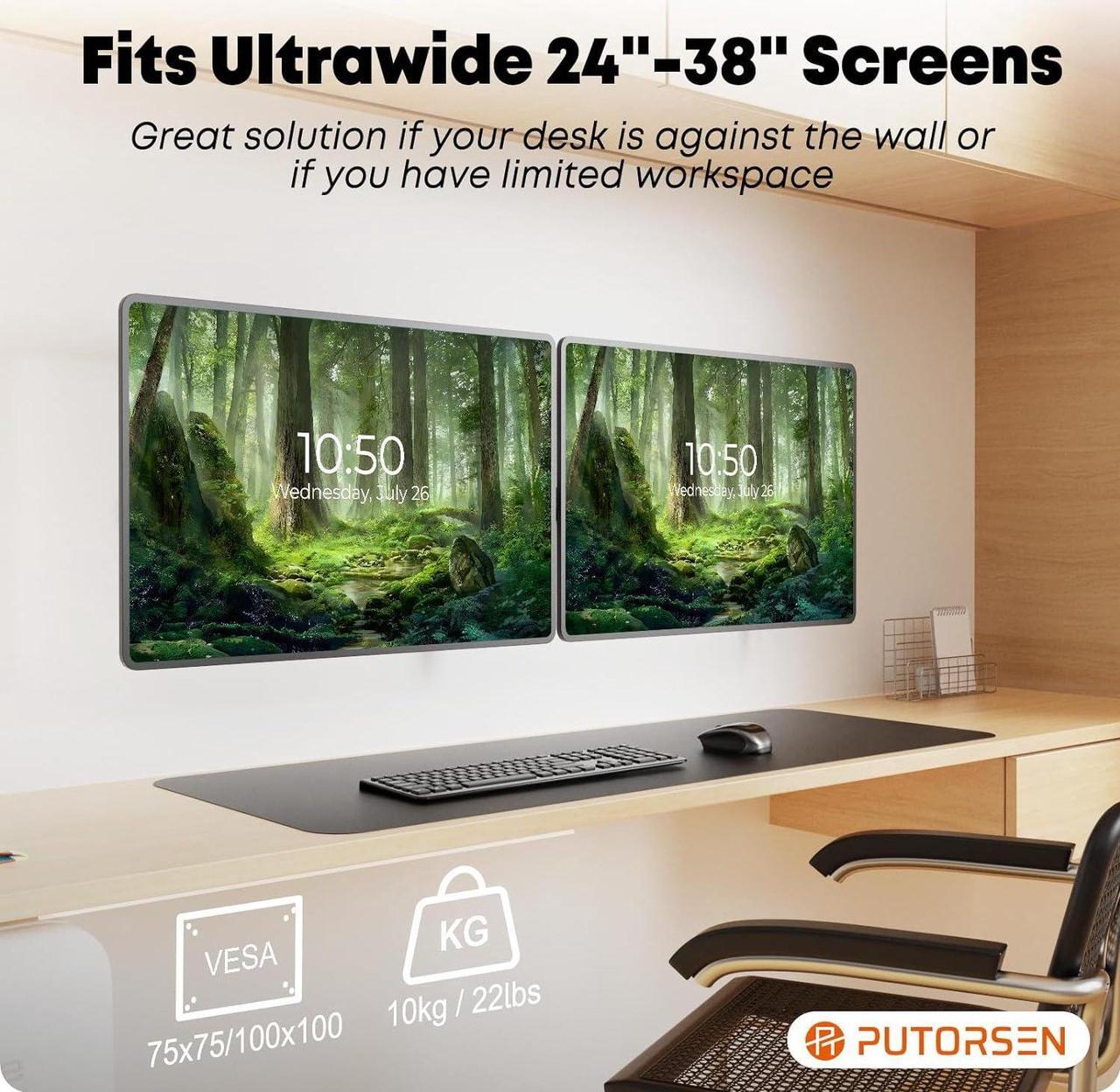 Alt view image 2 of 7 - PUTORSEN Ultra Wide 24-38 Inch Dual Monitor Wall Mount, Full Motion Dual Wall Mount Monitor Arm Holds up to 22lbs, Double Computer Monitor Wall Mount for Most LED LCD Screens, VESA 75/100mm, Black