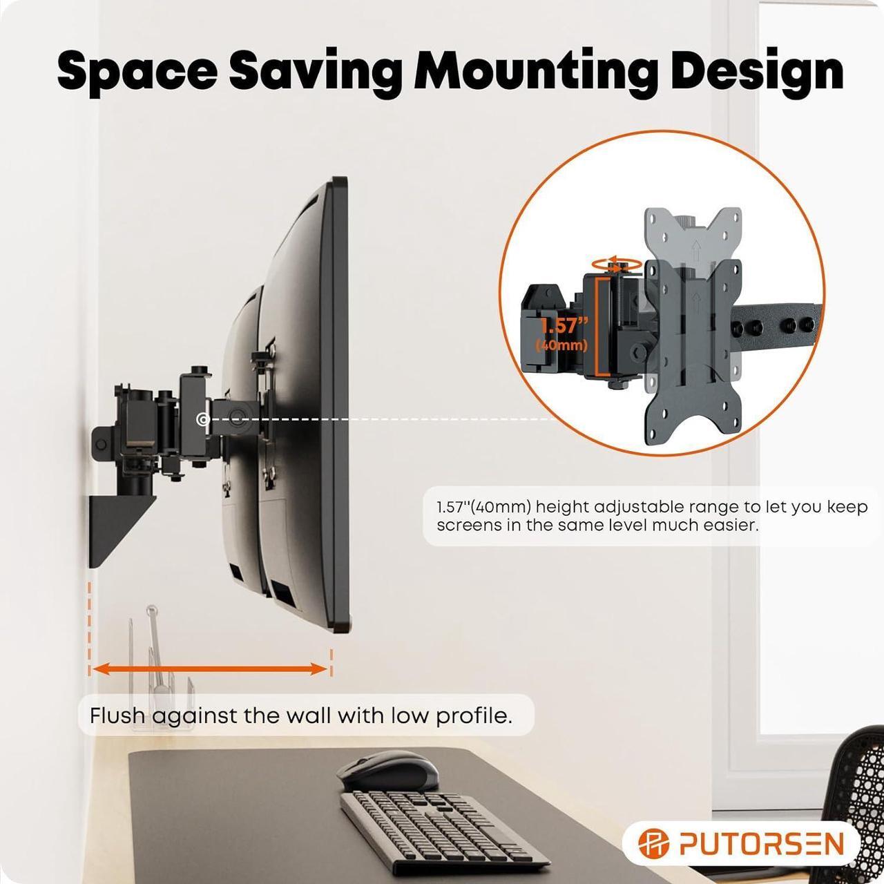 Alt view image 3 of 7 - PUTORSEN Ultra Wide 24-38 Inch Dual Monitor Wall Mount, Full Motion Dual Wall Mount Monitor Arm Holds up to 22lbs, Double Computer Monitor Wall Mount for Most LED LCD Screens, VESA 75/100mm, Black