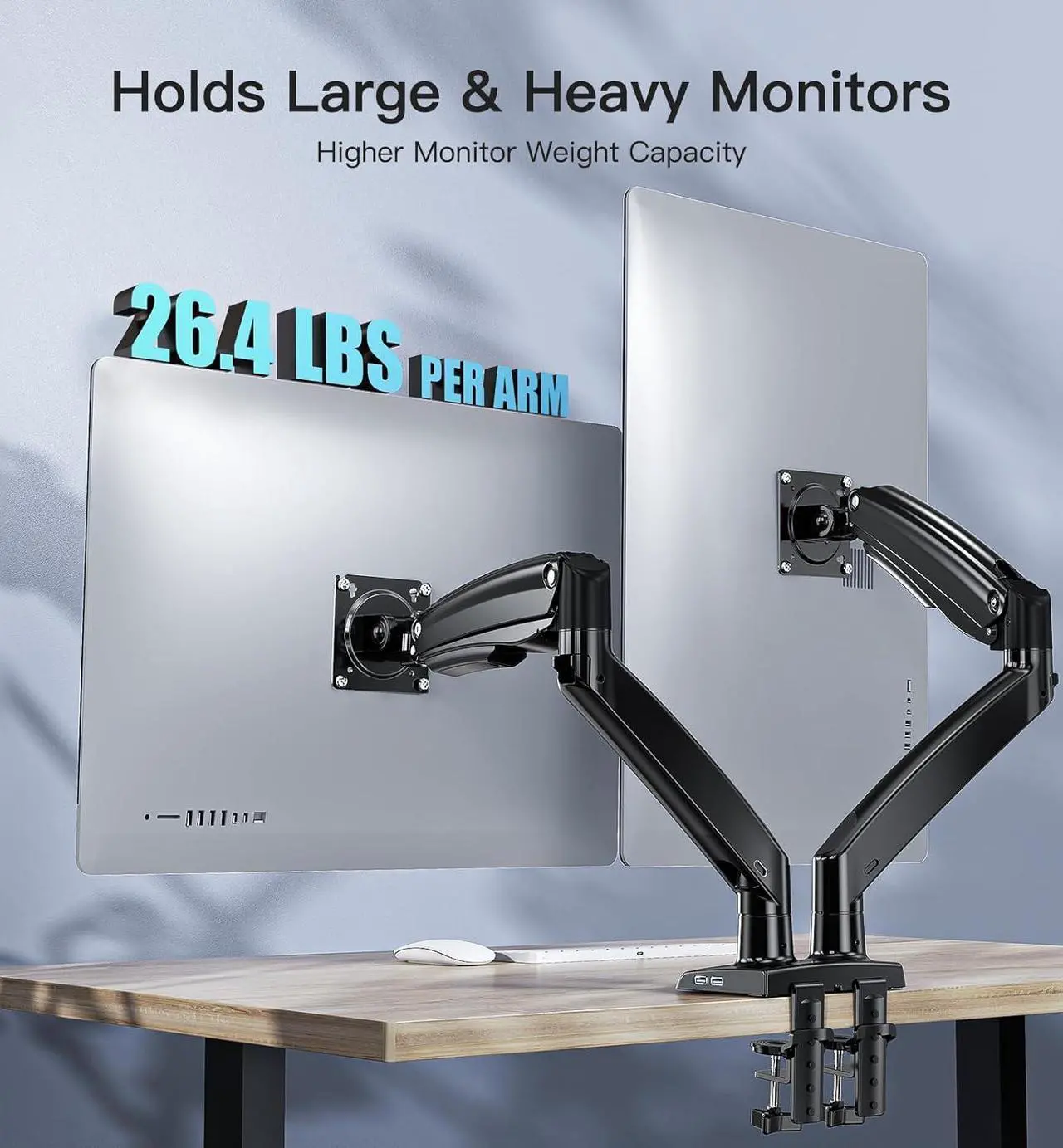 Alt view image 3 of 7 - HUANUO 13-35 inch Dual Monitor Arm for 2 Ultrawide Screens, Height Adjustable Full Motion Dual Monitor Stand with 2 USB Port, Dual Monitor Mount for VESA 75/100mm, Holds up to 26.4lbs per Arm, Black