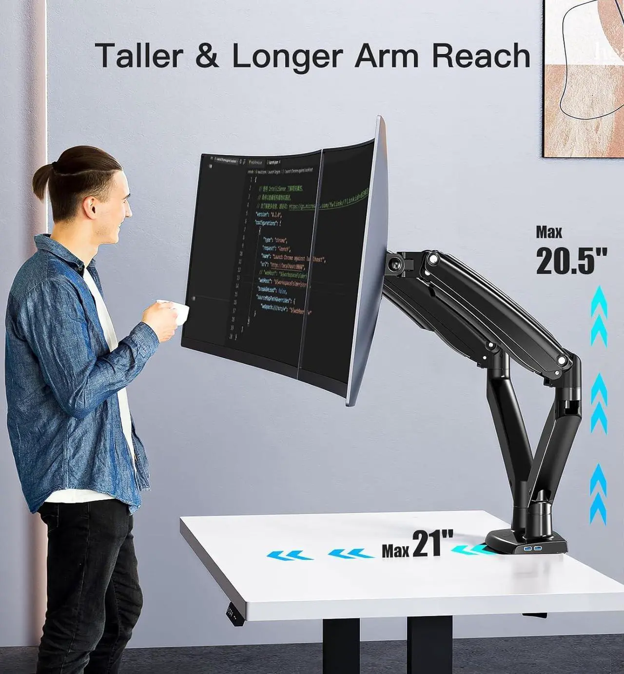 Alt view image 5 of 7 - HUANUO 13-35 inch Dual Monitor Arm for 2 Ultrawide Screens, Height Adjustable Full Motion Dual Monitor Stand with 2 USB Port, Dual Monitor Mount for VESA 75/100mm, Holds up to 26.4lbs per Arm, Black