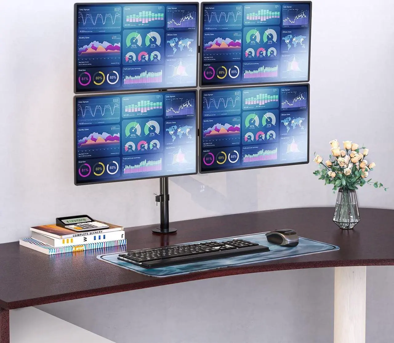 Alt view image 2 of 7 - WALI Quad Monitor Desk Mount, 4 Monitor Stand Fits Heavy Duty Computer Screen up to 27 inch, Full Adjustable Monitor Arm Holds up to 22 lbs per Arm (M004), Black