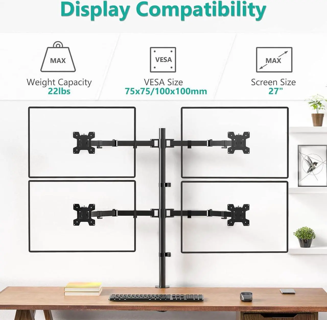 Alt view image 3 of 7 - WALI Quad Monitor Desk Mount, 4 Monitor Stand Fits Heavy Duty Computer Screen up to 27 inch, Full Adjustable Monitor Arm Holds up to 22 lbs per Arm (M004), Black