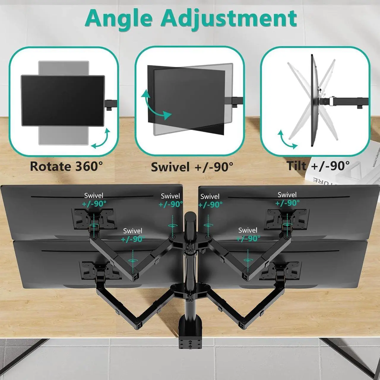 Alt view image 5 of 7 - WALI Quad Monitor Desk Mount, 4 Monitor Stand Fits Heavy Duty Computer Screen up to 27 inch, Full Adjustable Monitor Arm Holds up to 22 lbs per Arm (M004), Black