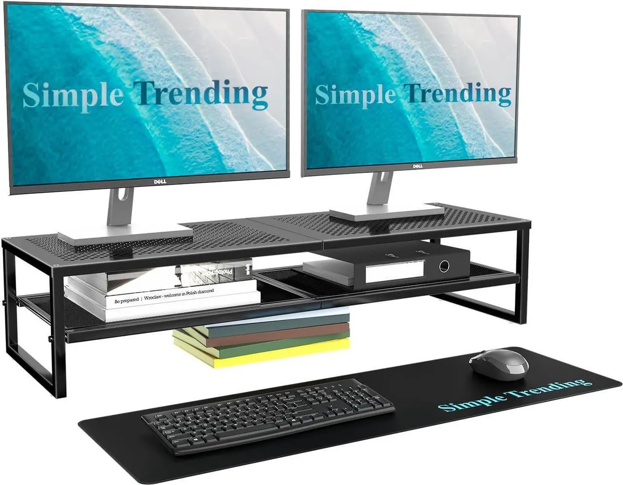 Main image of Simple Trending 2-Tier Metal Dual Monitor Stand Riser,Computer Office Desktop Organizer for 2 Monitors With 32"x10" Mouse Pad ,for Laptop,Printer,TV,Black