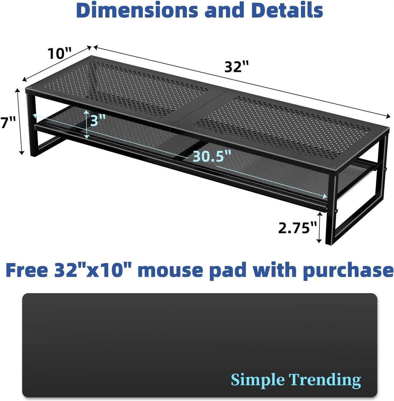 Alt view image 6 of 7 - Simple Trending 2-Tier Metal Dual Monitor Stand Riser,Computer Office Desktop Organizer for 2 Monitors With 32"x10" Mouse Pad ,for Laptop,Printer,TV,Black