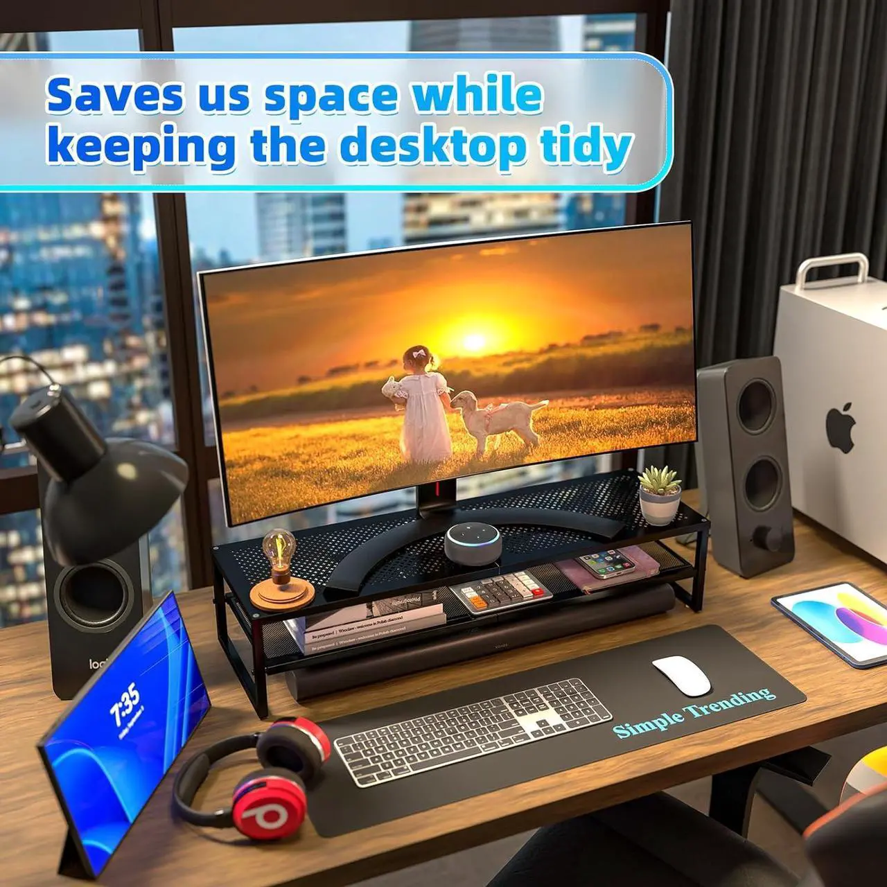 Alt view image 2 of 7 - Simple Trending 2-Tier Metal Dual Monitor Stand Riser,Computer Office Desktop Organizer for 2 Monitors With 32"x10" Mouse Pad ,for Laptop,Printer,TV,Black