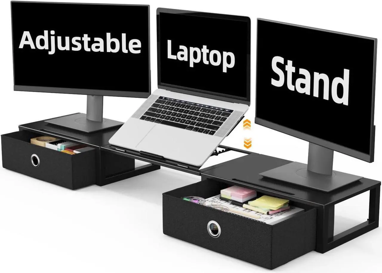 Main image of WESTREE Monitor Stand Riser with Adjustable Laptop Stand Riser, Steel Frame Dual Monitor Stand with Two Drawers for 2 Monitors, Desktop Oraganizer Stand for Computer,Laptop,Screen