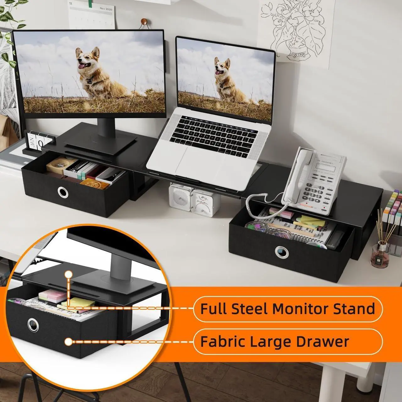 Alt view image 3 of 7 - WESTREE Monitor Stand Riser with Adjustable Laptop Stand Riser, Steel Frame Dual Monitor Stand with Two Drawers for 2 Monitors, Desktop Oraganizer Stand for Computer,Laptop,Screen